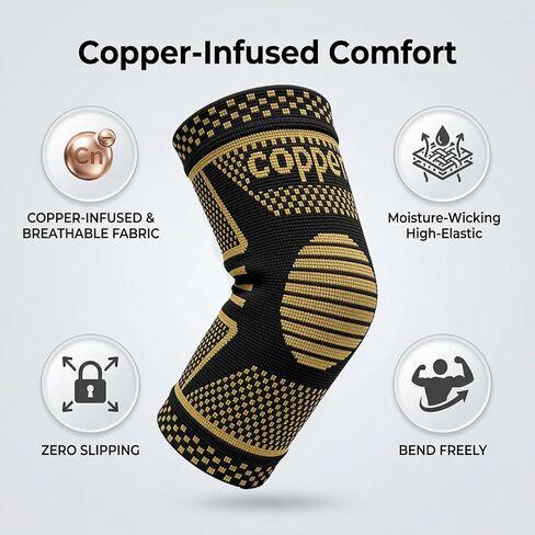 Copper Elbow Compression Sleeve, Tennis Elbow Brace for Men and Women, 4-Way Stretch, Pain Relief, Recovery, Arthritis, Tendonitis, Bursitis (Black-Copper, Medium) in Saudi Arabia