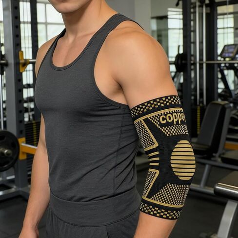 Copper Elbow Compression Sleeve, Tennis Elbow Brace for Men and Women, 4-Way Stretch, Pain Relief, Recovery, Arthritis, Tendonitis, Bursitis (Black-Copper, Medium) in Saudi Arabia