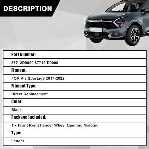 SecosAutoparts Fender Wheel Opening Molding Front Right Compatible with Kia Sportage 2017-2022 Replace# 87712D9000, 87712-D9000 Front Fender Wheel Opening Molding Passenger Side in Saudi Arabia