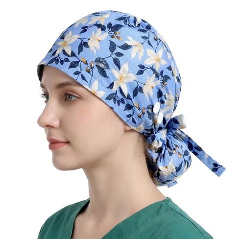 Satin Lined Scrub Caps Surgical Working Hat with Buttons Ponytail Pocket Sweatband Adjustable Elastic Tie Back for Women in Kuwait