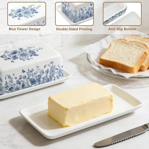 JarThenaAMCS Blue Floral Ceramic Butter Dish with Lid Vintage Chinoiserie Flower Butterfly Butter Keeper for Home Kitchen Countertop Decor in Saudi Arabia