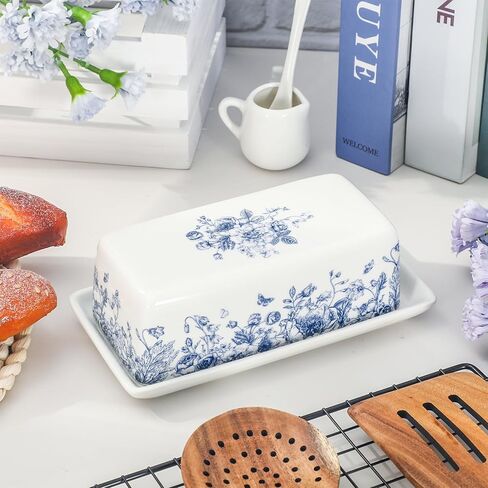 JarThenaAMCS Blue Floral Ceramic Butter Dish with Lid Vintage Chinoiserie Flower Butterfly Butter Keeper for Home Kitchen Countertop Decor in Saudi Arabia