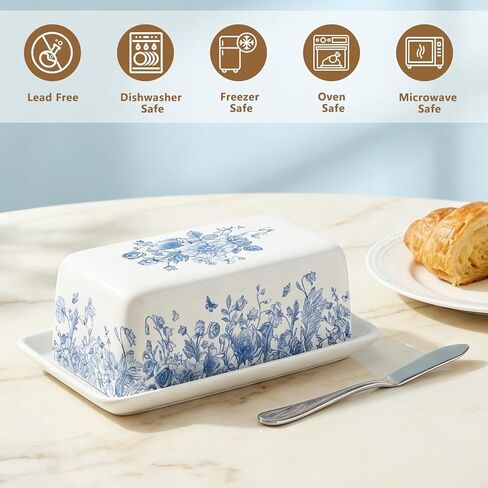 JarThenaAMCS Blue Floral Ceramic Butter Dish with Lid Vintage Chinoiserie Flower Butterfly Butter Keeper for Home Kitchen Countertop Decor in Saudi Arabia