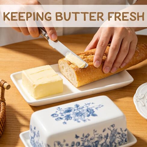 JarThenaAMCS Blue Floral Ceramic Butter Dish with Lid Vintage Chinoiserie Flower Butterfly Butter Keeper for Home Kitchen Countertop Decor in Saudi Arabia