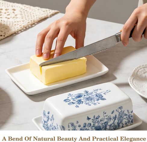 JarThenaAMCS Blue Floral Ceramic Butter Dish with Lid Vintage Chinoiserie Flower Butterfly Butter Keeper for Home Kitchen Countertop Decor in Saudi Arabia
