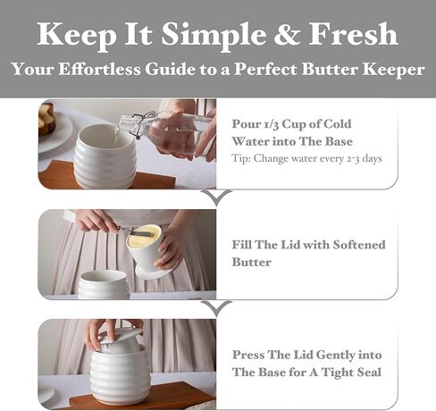 Farmhouse Butter Keeper Crock, 11 oz Large Ceramic Butter Dish with Lid, Water Seal for Fresh Spreadable Butter, Holds 2-3 Sticks, Easy-Grip & Wide Lid, Arctic White in Saudi Arabia