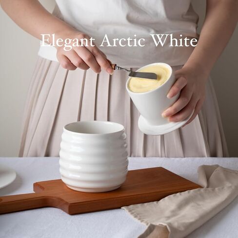 Farmhouse Butter Keeper Crock, 11 oz Large Ceramic Butter Dish with Lid, Water Seal for Fresh Spreadable Butter, Holds 2-3 Sticks, Easy-Grip & Wide Lid, Arctic White in Saudi Arabia