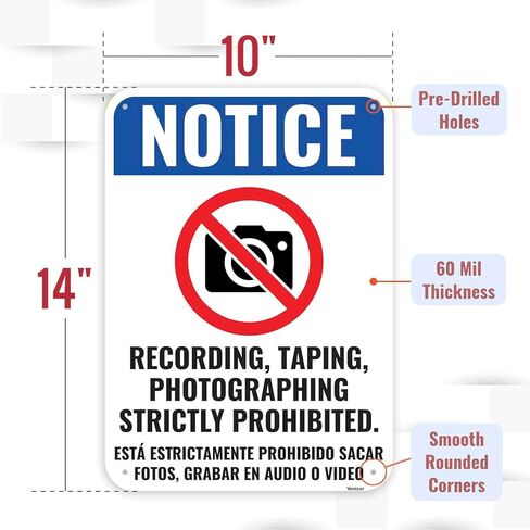 1PC No Pictures Allowed No Recording No Camera Sign, 14 x 10 Inches - Aluminum in Saudi Arabia