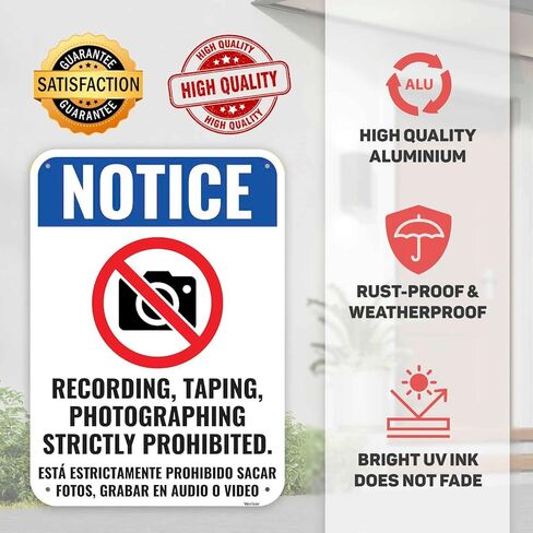 1PC No Pictures Allowed No Recording No Camera Sign, 14 x 10 Inches - Aluminum in Saudi Arabia