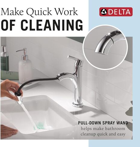 Delta Nicoli 1 Hole Pull Down Bathroom Faucet with Sprayer, Chrome Single Hole Bathroom Sink Faucet with Pull Out Sprayer for Vanity, Metal Push-Pop Drain, Chrome 15749LF-PD in Saudi Arabia