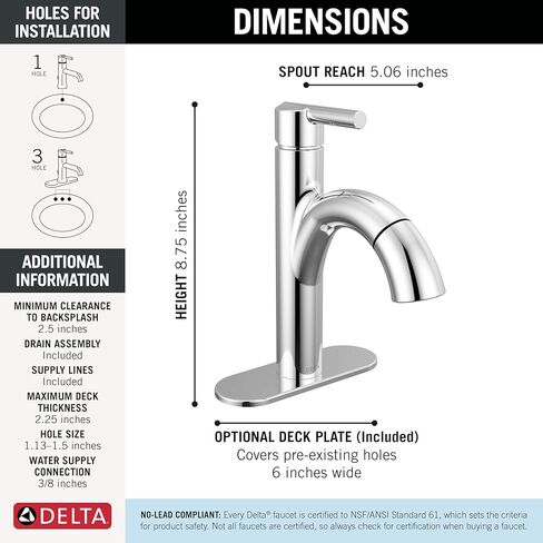 Delta Nicoli 1 Hole Pull Down Bathroom Faucet with Sprayer, Chrome Single Hole Bathroom Sink Faucet with Pull Out Sprayer for Vanity, Metal Push-Pop Drain, Chrome 15749LF-PD in Saudi Arabia