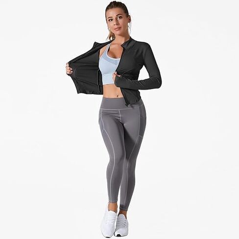 Women's Full Zip Workout jackets Runing Slim Fit Athletic Tops With Thumb Holes in Saudi Arabia