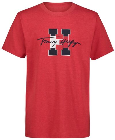 تي شيرت Tommy Hilfiger للأولاد بأكمام قصيرة ورقبة دائرية، ناعم، مريح، مريح، Script H Tommy Red، 8 in Kuwait