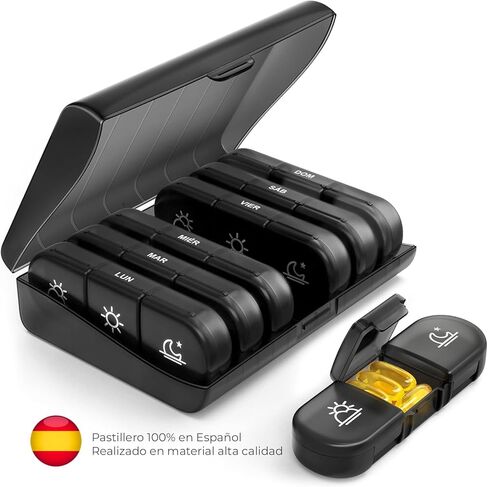 Weekly Pill Box 3 Takes 100% in Spanish – COLOR: BLACK | 7 Individual Pill Boxes for Each Day in Spanish with 21 Compartments (3 Daily Shots) | Travel Pill Organizer | Nexum Market in Saudi Arabia