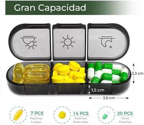 Weekly Pill Box 3 Takes 100% in Spanish – COLOR: BLACK | 7 Individual Pill Boxes for Each Day in Spanish with 21 Compartments (3 Daily Shots) | Travel Pill Organizer | Nexum Market in Saudi Arabia