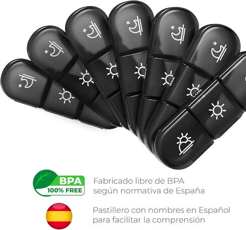 Weekly Pill Box 3 Takes 100% in Spanish – COLOR: BLACK | 7 Individual Pill Boxes for Each Day in Spanish with 21 Compartments (3 Daily Shots) | Travel Pill Organizer | Nexum Market in Saudi Arabia