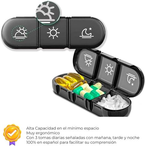 Weekly Pill Box 3 Takes 100% in Spanish – COLOR: BLACK | 7 Individual Pill Boxes for Each Day in Spanish with 21 Compartments (3 Daily Shots) | Travel Pill Organizer | Nexum Market in Saudi Arabia