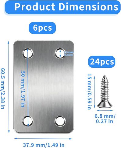 6 Sets Stainless Steel Corner Brackets, Heavy Duty Angle Brackets for Wood, Metal Shelf Support Brace, Furniture Fastener Connector with 24 Screws (Silver, 2.38 Inch) in Saudi Arabia