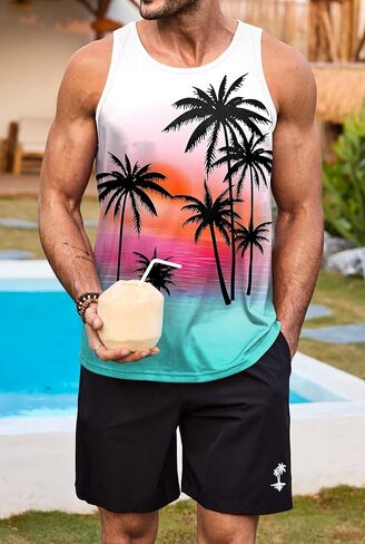 Mens Graphic Tank and Shorts 2 Piece Set Beach Summer Casual Outfit (S-XXL) in Saudi Arabia