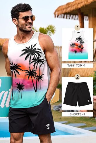 Mens Graphic Tank and Shorts 2 Piece Set Beach Summer Casual Outfit (S-XXL) in Saudi Arabia