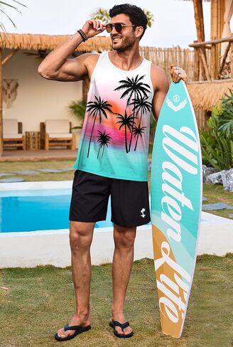 Mens Graphic Tank and Shorts 2 Piece Set Beach Summer Casual Outfit (S-XXL) in Saudi Arabia
