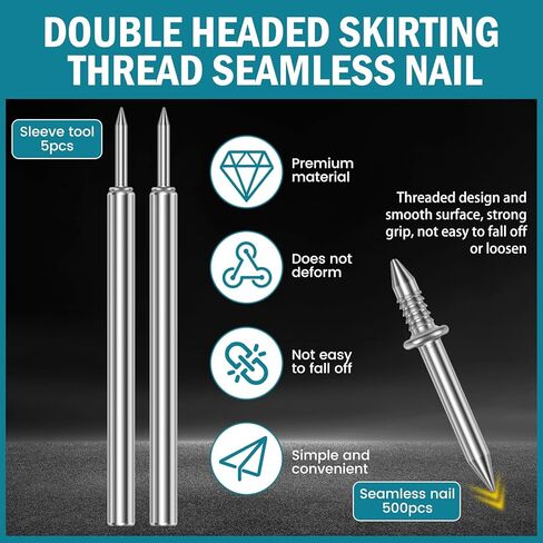 500Pcs Double Headed Skirting Nails Kit, No-Drill Traceless Baseboard Nails with Sleeve Tool, Mini Claw Hammer & Gloves, Seamless Trim Nails for Wood Baseboard DIY Installation in Kuwait