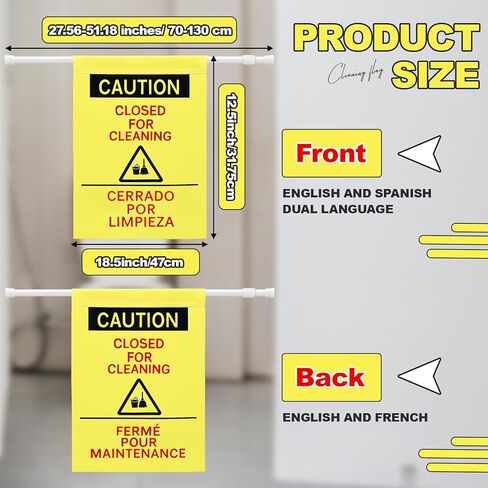 2 Pack Double Side Restroom Closed for Cleaning Sign with English, Spanish & French 27.56-51.18'' Expandable Yellow Commercial Door Barricade Sign Doorway Safety Banner for Janitor Bathroom in Saudi Arabia