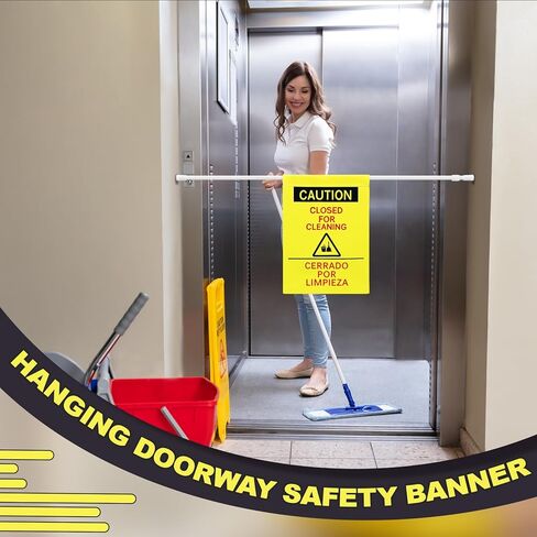 2 Pack Double Side Restroom Closed for Cleaning Sign with English, Spanish & French 27.56-51.18'' Expandable Yellow Commercial Door Barricade Sign Doorway Safety Banner for Janitor Bathroom in Saudi Arabia