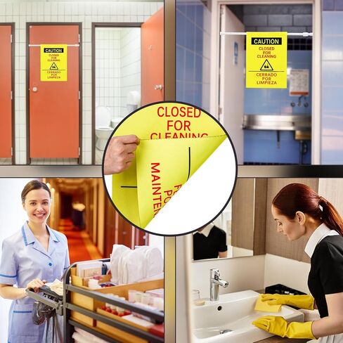 2 Pack Double Side Restroom Closed for Cleaning Sign with English, Spanish & French 27.56-51.18'' Expandable Yellow Commercial Door Barricade Sign Doorway Safety Banner for Janitor Bathroom in Saudi Arabia
