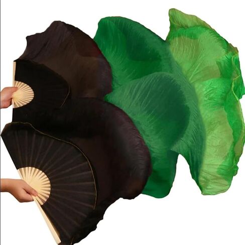 Silk Belly Dance Fans Dance 100% Real Silk Fans 1Pc Left Hand+1Pc Right Hand Gradient Color Long Fans in Saudi Arabia