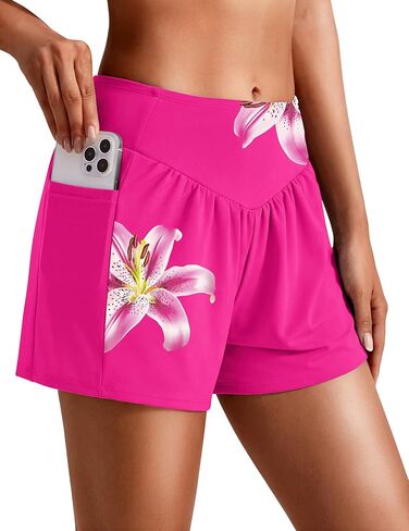 Ekouaer Women's 3" Board Shorts High Waisted Swim Shorts Swimsuit Bottoms Beach Shorts with Pockets S-2XL in Saudi Arabia