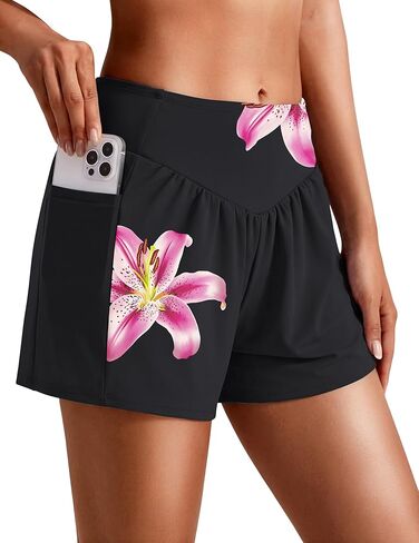 Ekouaer Women's 3" Board Shorts High Waisted Swim Shorts Swimsuit Bottoms Beach Shorts with Pockets S-2XL in Saudi Arabia