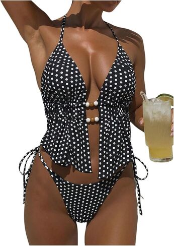 Verdusa Women's 2 Piece Polka Dots Halter Bikini Set Beaded Swimsuits Beach Vacation Clothes in Saudi Arabia