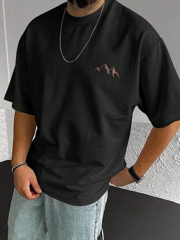 Men's Casual Short Sleeve T-Shirt, Minimalist Mountain Graphic Tee, Black Color Crew Neck Summer Top in Saudi Arabia