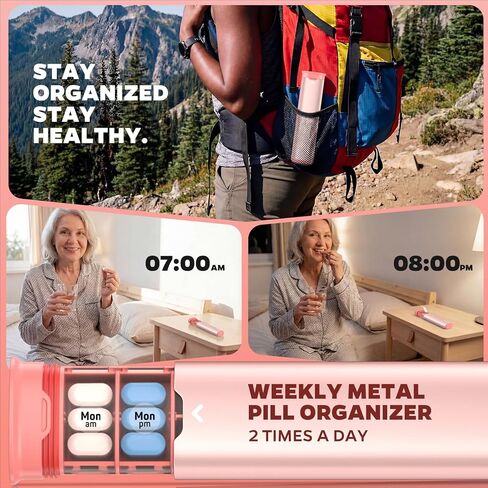 Metal 7 Day Pill Organizer 2 Times a Day-Travel Pill Box Case with Moisture-Proof Airtight Lids, Weekly AM PM Medicine Container for Vitamins, Fish Oil, Supplements and Medications (Pink) in Saudi Arabia