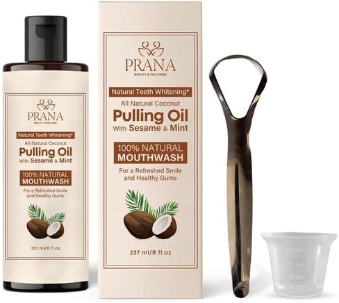 PRANA Coconut Pulling Oil Mouthwash with Tongue Scraper- Ayurvedic Oils for Clean Rinse with Coconut Oil & Clove & improving Teeth & Gum Health - Teeth Pulling Oil Keeps Your Mouth Refreshed- 237ml in Saudi Arabia