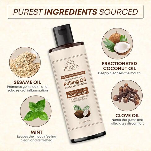PRANA Coconut Pulling Oil Mouthwash with Tongue Scraper- Ayurvedic Oils for Clean Rinse with Coconut Oil & Clove & improving Teeth & Gum Health - Teeth Pulling Oil Keeps Your Mouth Refreshed- 237ml in Saudi Arabia