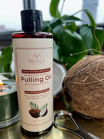 PRANA Coconut Pulling Oil Mouthwash with Tongue Scraper- Ayurvedic Oils for Clean Rinse with Coconut Oil & Clove & improving Teeth & Gum Health - Teeth Pulling Oil Keeps Your Mouth Refreshed- 237ml in Saudi Arabia
