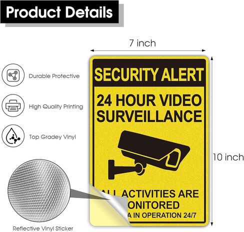 Security Signs Video Surveillance Sign, 2 Pack 10x7 Inch Non Metal Vinyl Stickers, 24 Hour Security Camera Signs Stickers for Home Business, Soslina Durable Waterproof No Trespassing Private Property Warning Decal in Saudi Arabia