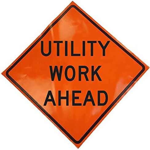36" Non Reflective Fluorescent Vinyl Orange Roll-Up Warning Sign. Legend: UTILITY WORK AHEAD W21-7 in Saudi Arabia