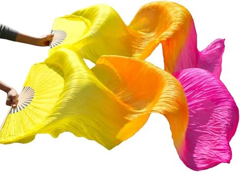2Pcs Women 100% Silk Belly Dance Fan Veils of Belly Dance Fans Rainbow Color, Adult Classical Dance Auxiliary Tools in Saudi Arabia