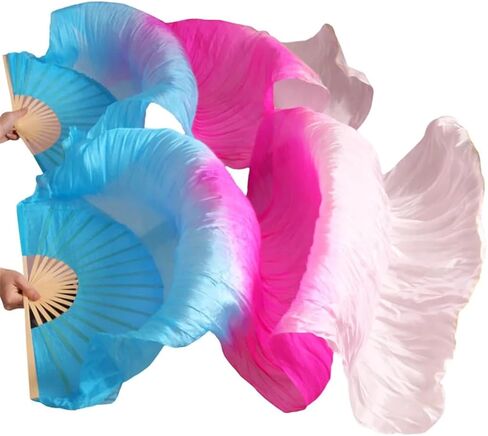 2Pcs Women 100% Silk Belly Dance Fan Veils of Belly Dance Fans Rainbow Color, Adult Classical Dance Auxiliary Tools in Saudi Arabia