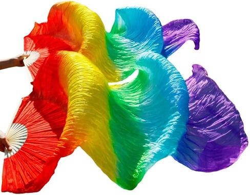 2Pcs Women 100% Silk Belly Dance Fan Veils of Belly Dance Fans Rainbow Color, Adult Classical Dance Auxiliary Tools in Saudi Arabia