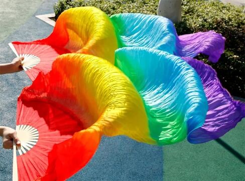 2Pcs Women 100% Silk Belly Dance Fan Veils of Belly Dance Fans Rainbow Color, Adult Classical Dance Auxiliary Tools in Saudi Arabia