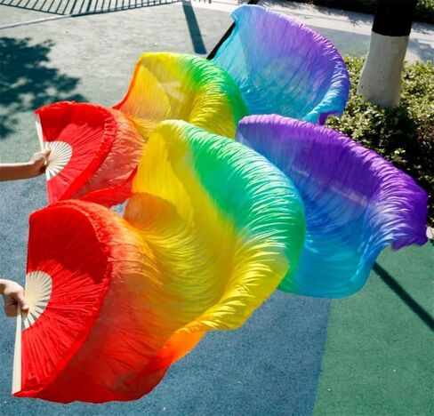 2Pcs Women 100% Silk Belly Dance Fan Veils of Belly Dance Fans Rainbow Color, Adult Classical Dance Auxiliary Tools in Saudi Arabia