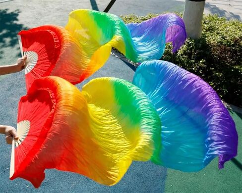 2Pcs Women 100% Silk Belly Dance Fan Veils of Belly Dance Fans Rainbow Color, Adult Classical Dance Auxiliary Tools in Saudi Arabia
