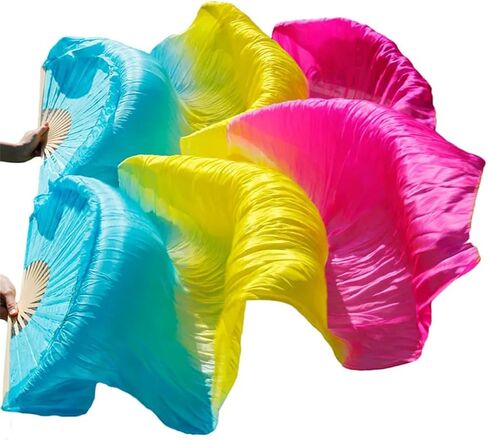 2Pcs Women 100% Silk Belly Dance Fan Veils of Belly Dance Fans Rainbow Color, Adult Classical Dance Auxiliary Tools in Saudi Arabia