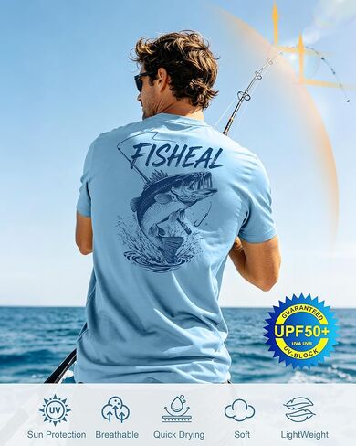 FISHEAL Men's UPF 50+ Sun Protection Shirts, Quick Dry Swim Fishing Graphic T-Shirt, Short Sleeve UV Beach Water Rash Guard in Saudi Arabia