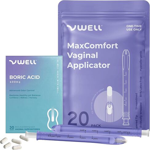 تحاميل حمض البوريك المهبلية من شركة VWELL، 600 ملجم مع حزمة أداة تطبيق MaxComfort - العناية الأنثوية - تهيج حرقان الحكة بسبب الرائحة - يوصي بها الأطباء للنساء (مقاس واحد، 20، عدد) in Kuwait