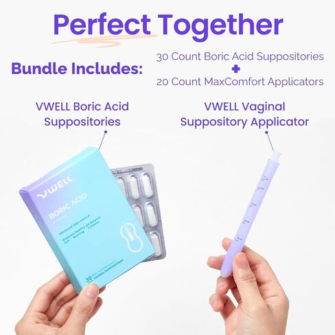 تحاميل حمض البوريك المهبلية من شركة VWELL، 600 ملجم مع حزمة أداة تطبيق MaxComfort - العناية الأنثوية - تهيج حرقان الحكة بسبب الرائحة - يوصي بها الأطباء للنساء (مقاس واحد، 20، عدد) in Kuwait